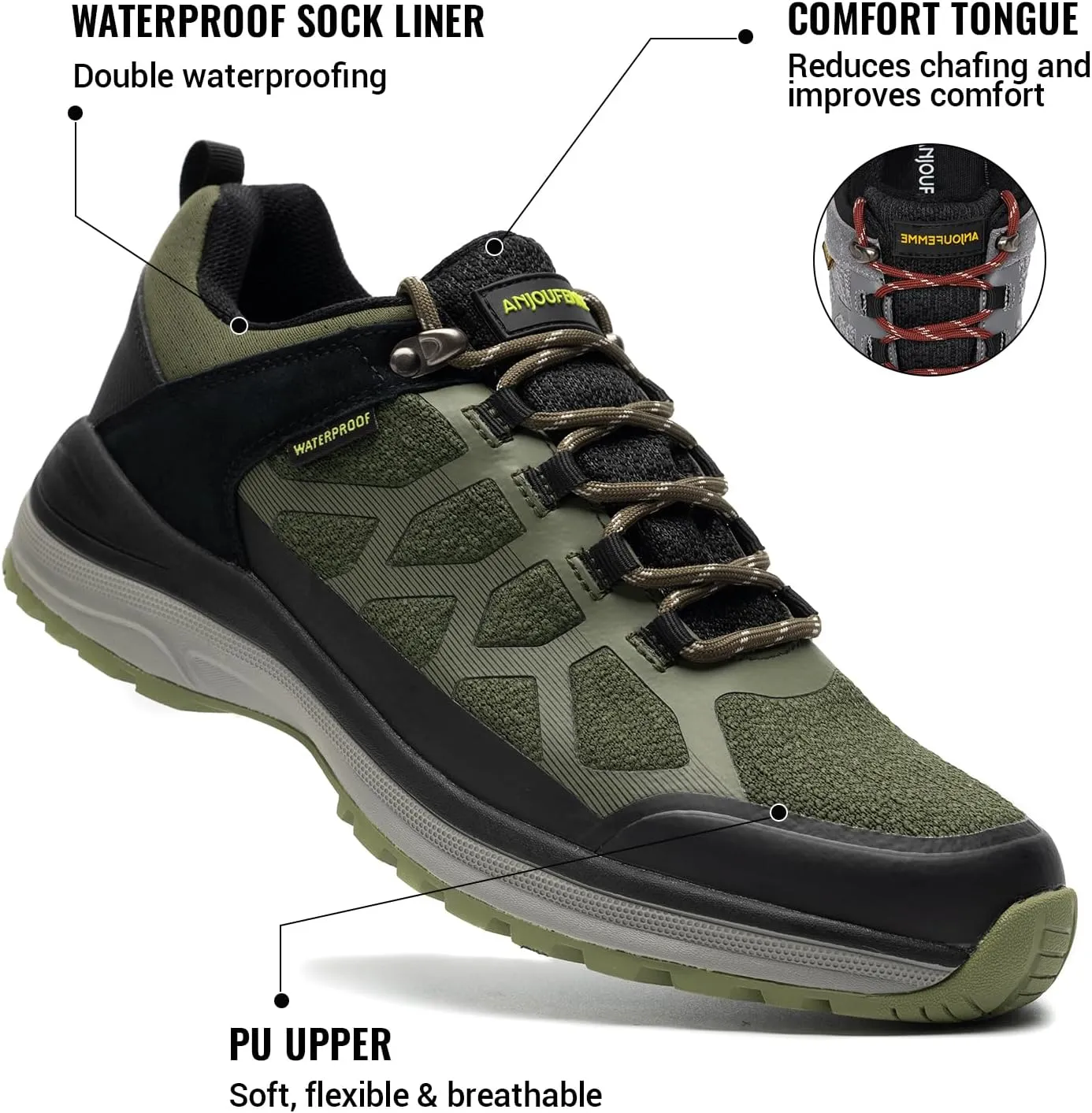 ANJOUFEMME Waterproof Hiking Shoes for Men Lightweight Breathable Trekking Trails Shoes Outdoor
