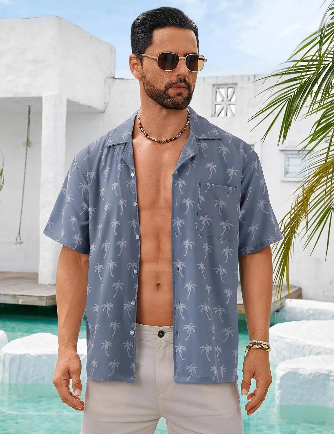 BOJIN Men's Hawaiian Shirts Short Sleeve Button Down Casual Shirts Summer Printed Tropical Floral Aloha Beach Shirts