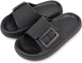 Buckle Rubber Arch Support Pillow Slippers Comfy Cloud Slippers Thick Sole EVA Soft Cushion Slides Open Toe Quick Drying Spa Bath Pool House Casual Shower Sandals Indoor Outdoor,Black 35-36