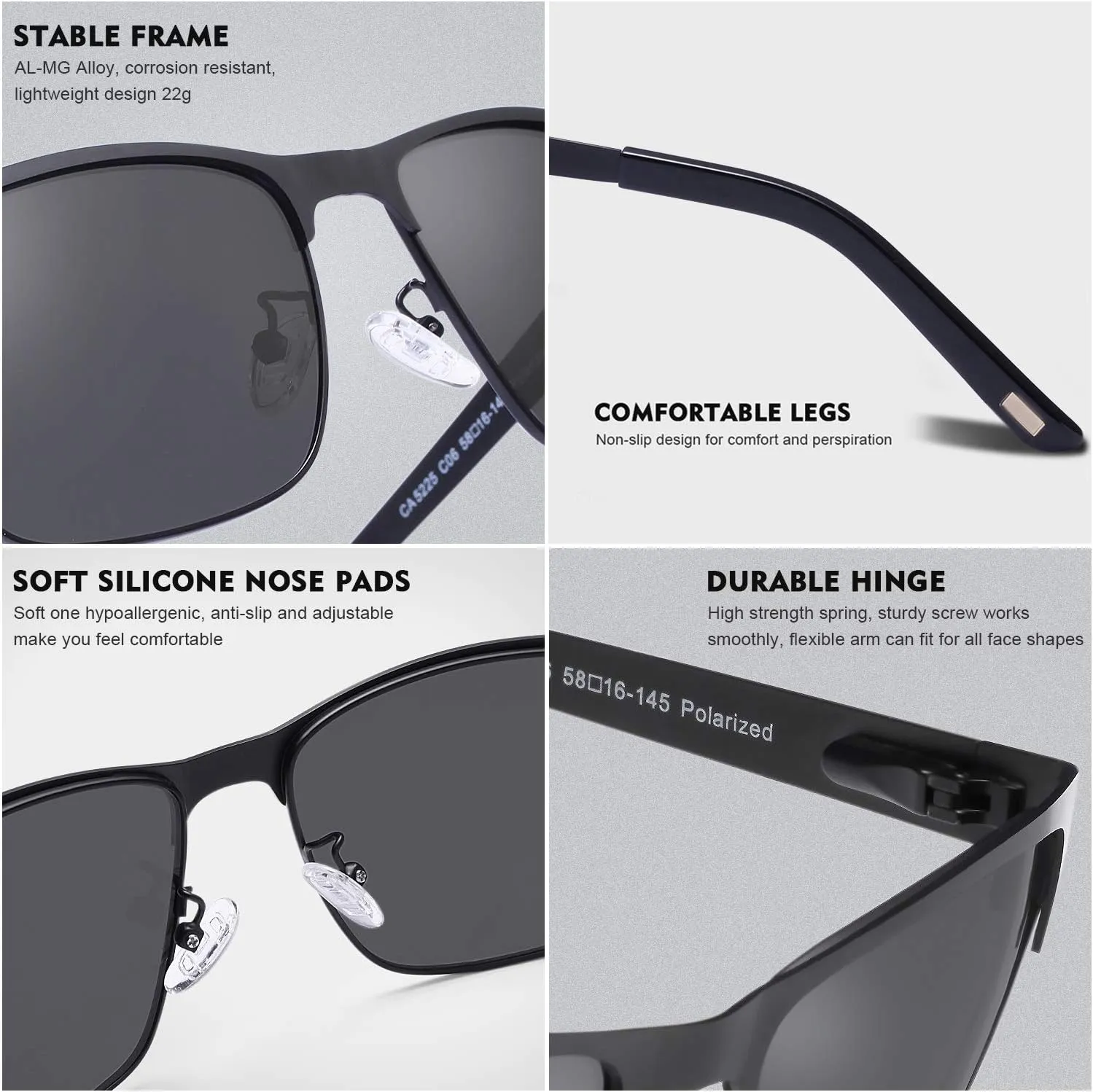CARFIA Metal Mens Sunglasses Polarized UV400 Protection for Driving Fishing Hiking Golf Everyday Use CA5225