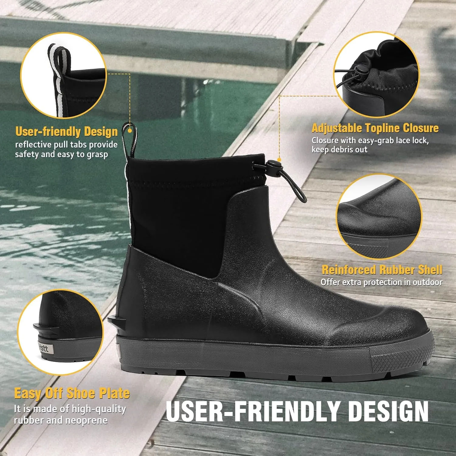 Deck Boots For Men Anti-Slip, Waterproof Ankle Rain Boots, Rubber Outdoor Fishing Footwear, Chelsea Garden Work Water Shoes, Size 6.5-12