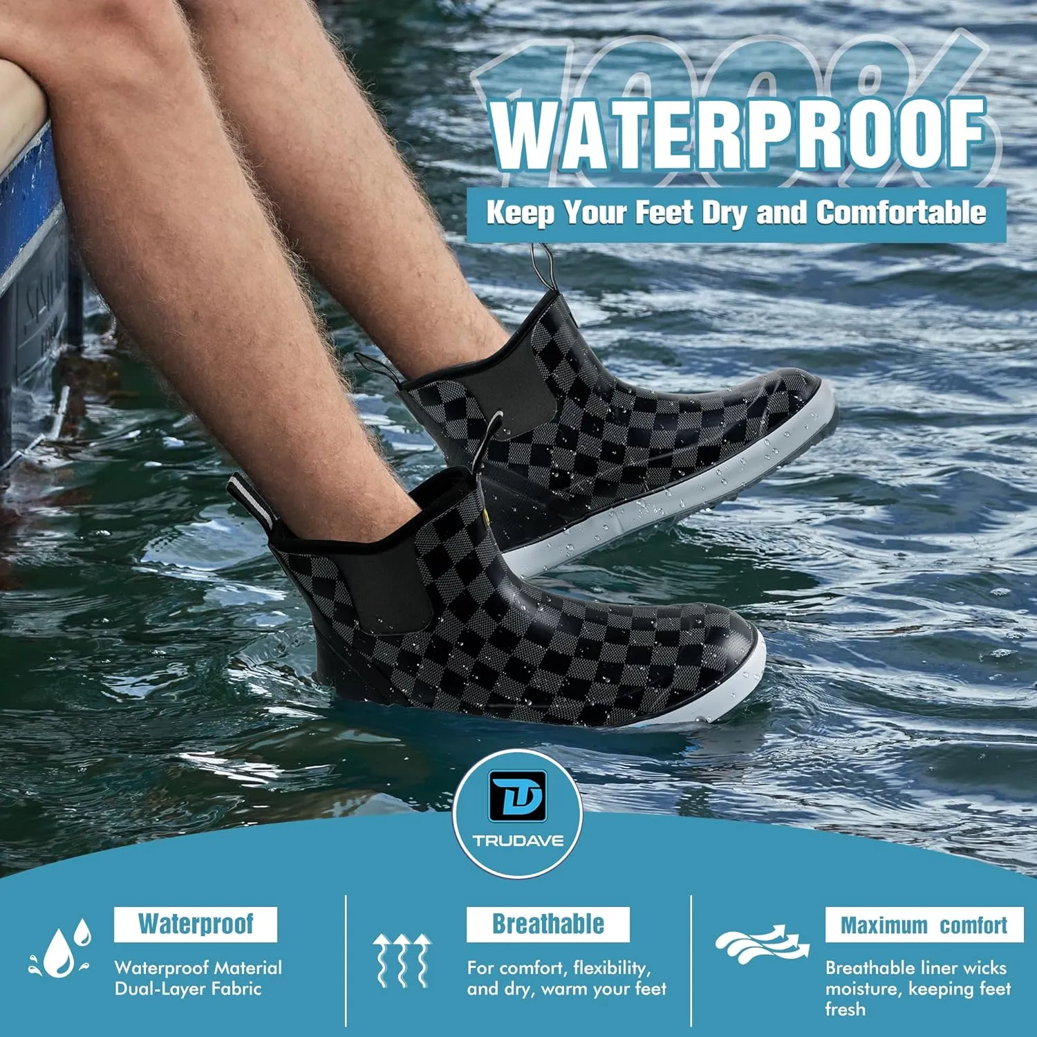Deck Boots for Men, Men's Waterproof Insulated Reliable Rain Boots, Anti-Slip Ankle Rubber Boots with High-Traction for Fishing Boating, Size 6-14