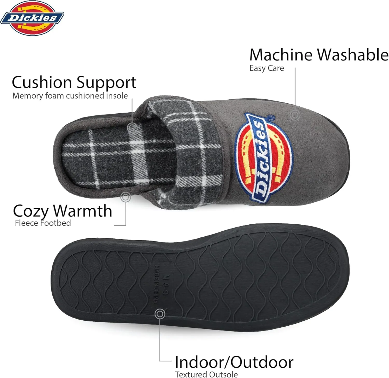 Dickies Men's Slide-on Memory Foam Scuff Slipper with Embroidered Logo-Indoor/Outdoor Sole