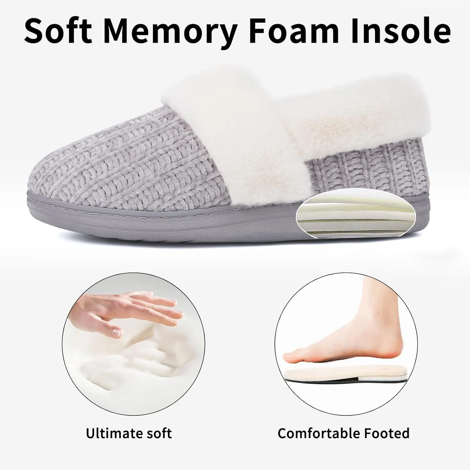Evshine Women's Fuzzy Memory Foam Slippers, Closed Back Knit Bedroom Slippers, Slip-On Warm House Shoes for Indoor & Outdoor Comfort