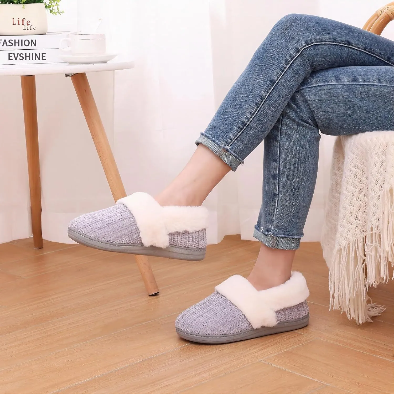 Evshine Women's Fuzzy Memory Foam Slippers, Closed Back Knit Bedroom Slippers, Slip-On Warm House Shoes for Indoor & Outdoor Comfort