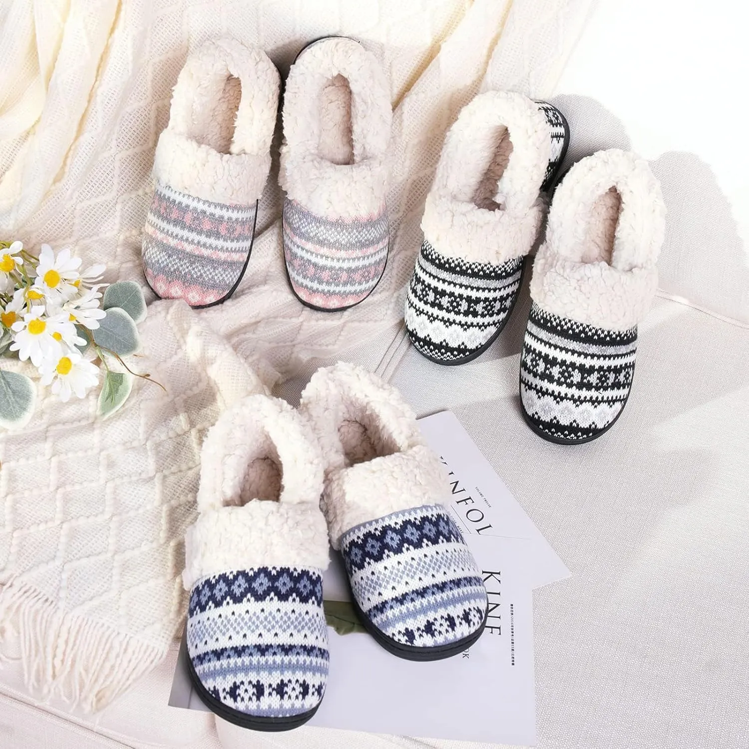 Evshine Women's Fuzzy Memory Foam Slippers, Closed Back Knit Bedroom Slippers, Slip-On Warm House Shoes for Indoor & Outdoor Comfort