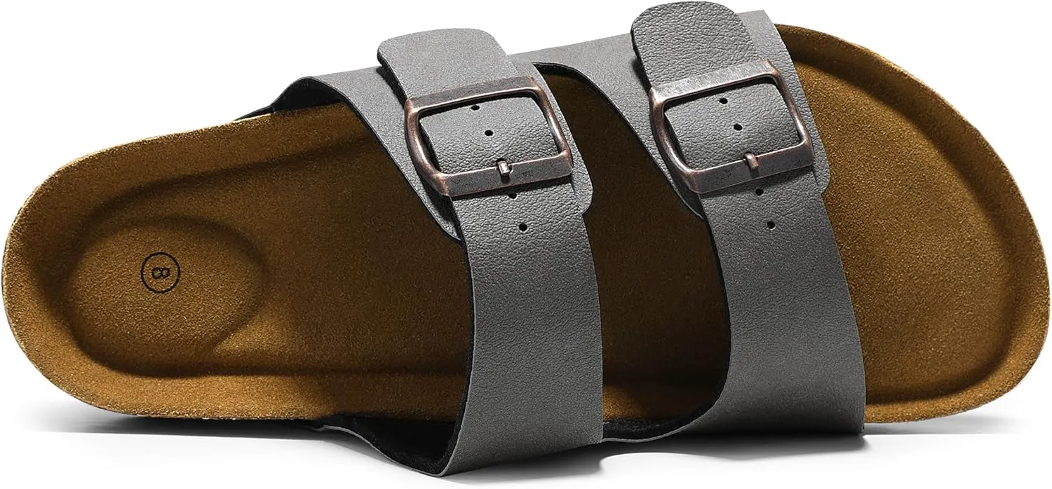 HOMETRUE Mens Sandals Cork Footed Flat Mens Slides Sandals Adjustable Buckle Straps Durable Sandals for Men