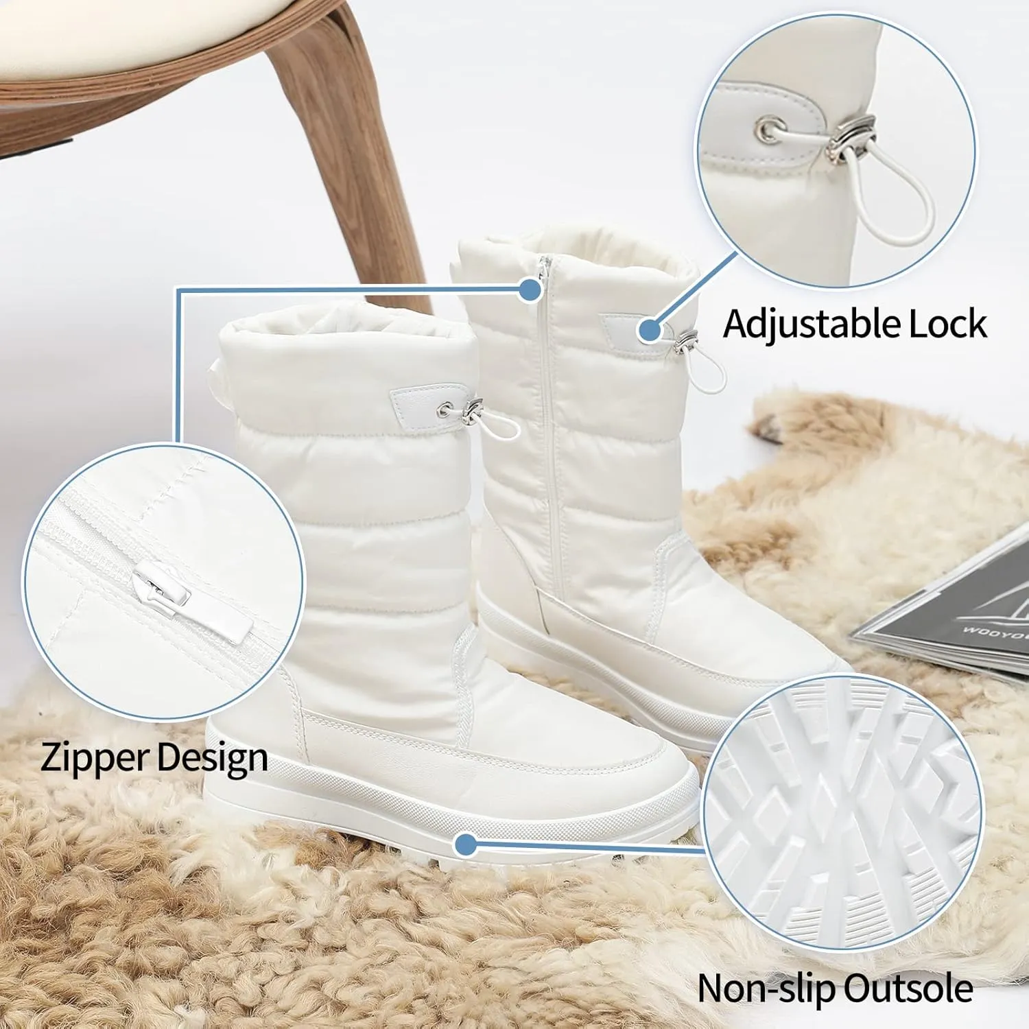 HYPOCRUTE Women's Warm Snow Boots with Fur Lined Black and White Wide Winter Boots Water-resistant Mid Calf Boots for Hiking,Working,Outdoors