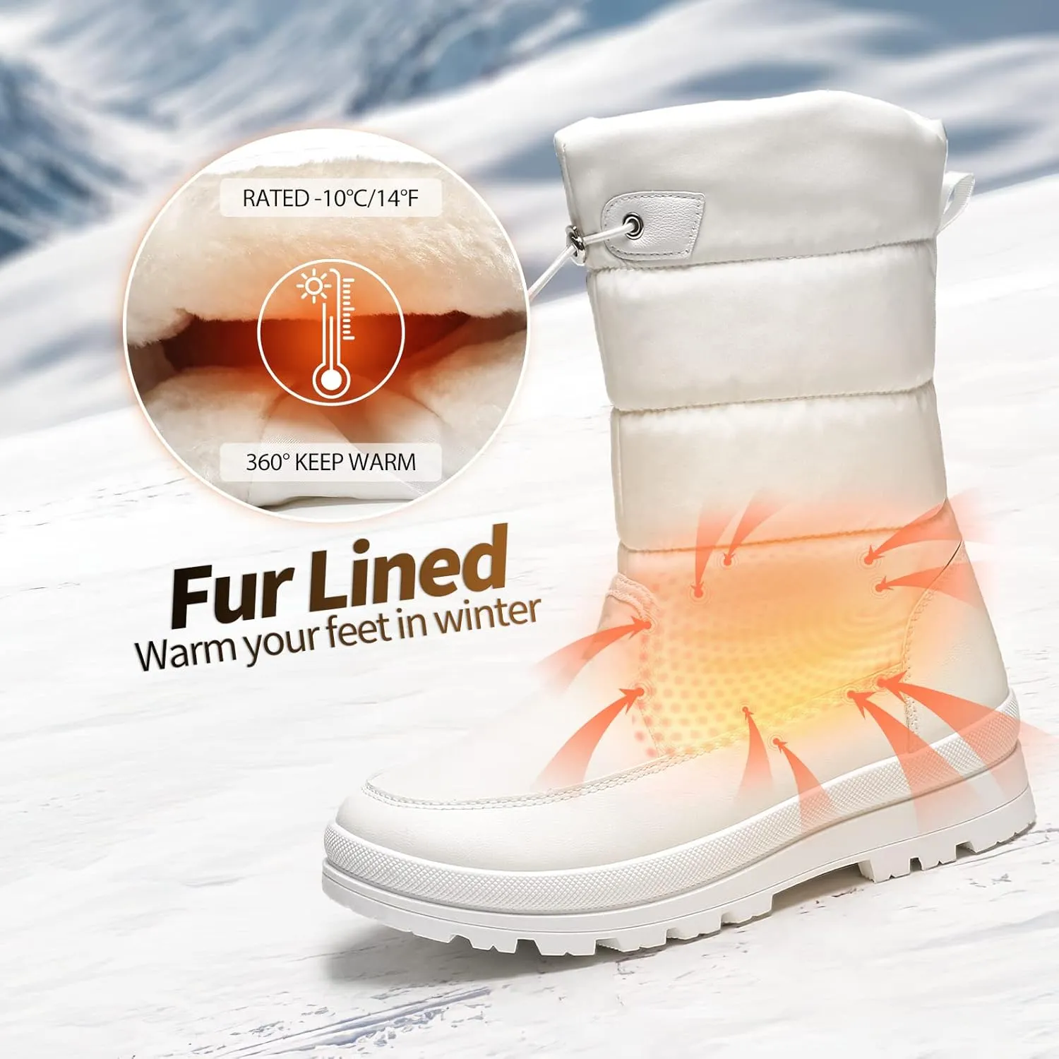 HYPOCRUTE Women's Warm Snow Boots with Fur Lined Black and White Wide Winter Boots Water-resistant Mid Calf Boots for Hiking,Working,Outdoors