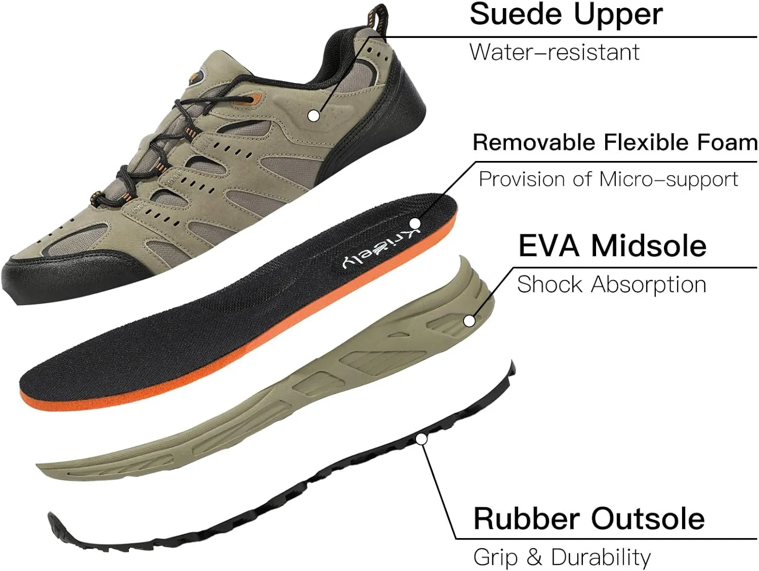 Kricely Men's Low Top Hiking Shoes Waterproof Suede Lightweight Anti Slip Trekking Shoes for Outdoor Trailing Camping Backpacking Running Walking