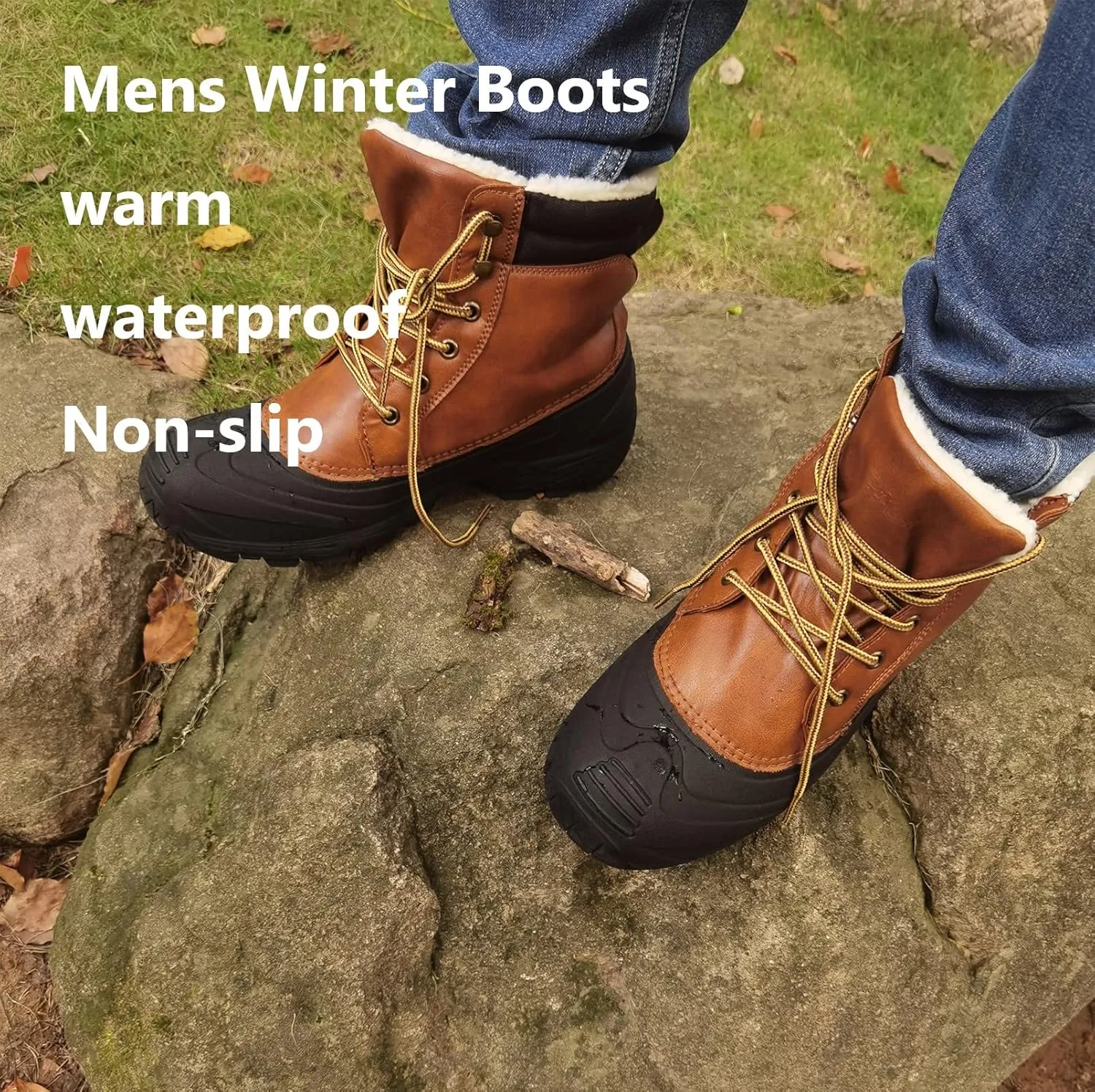 Mens Winter Duck Boots Waterproof Shell Insulated Fur Lined Lace Up Casual Snow Boots Non Slip Outdoor Cold Weather Work Hiking Boot