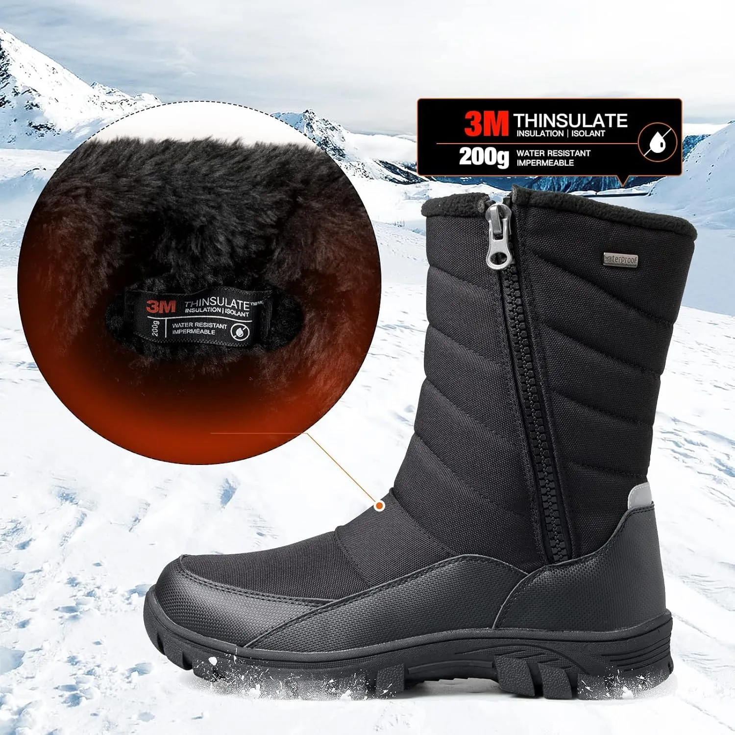 mysoft Mens Winter Snow Boots Waterproof Insulated Mid-Calf Hiking Boot Fur Lined Warm Outdoor Tall Shoes Lightweight