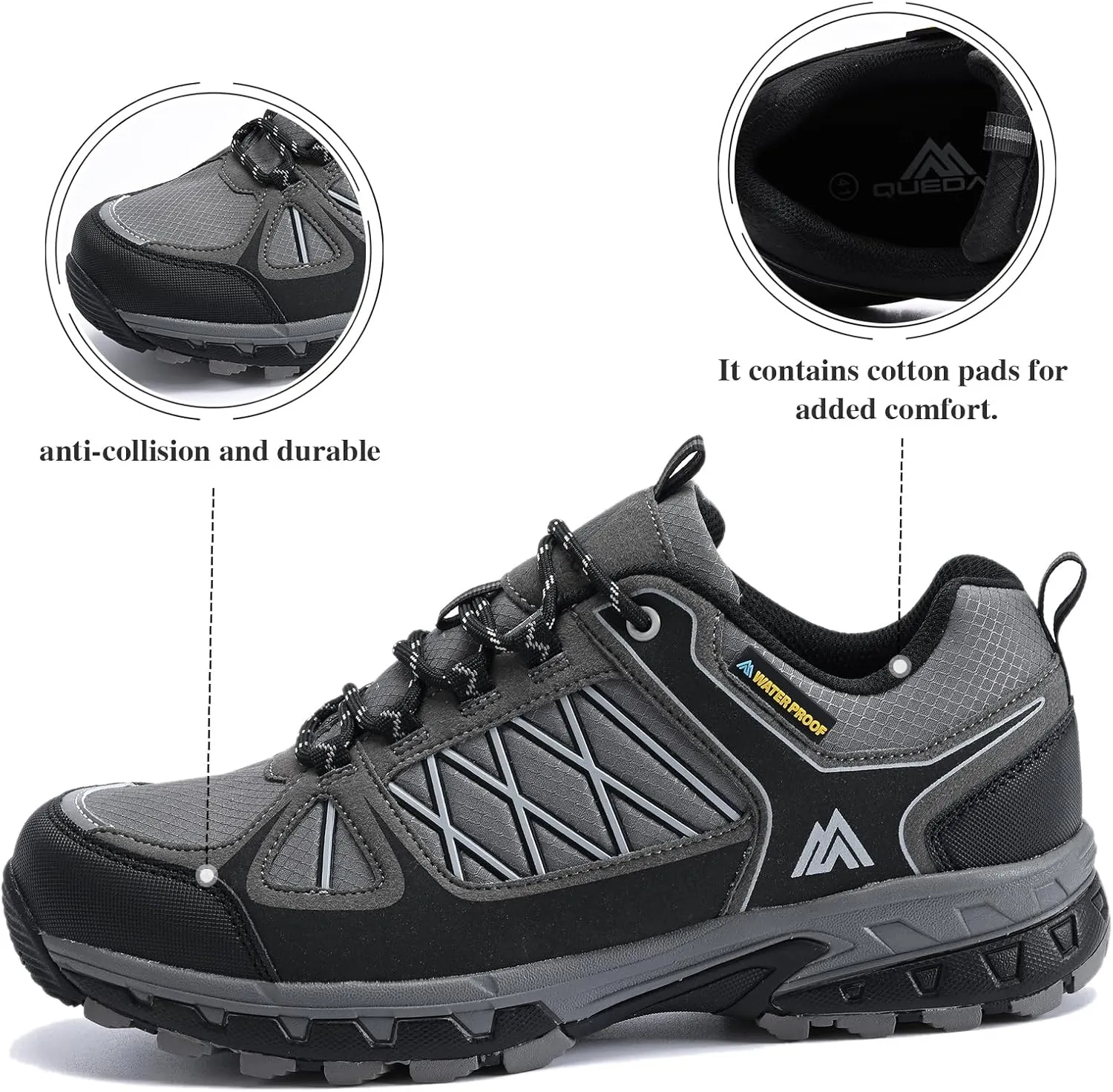 Queday Men's Waterproof Hiking Shoes Lightweight Anti Slip Outdoor Ankle Boots Breathable Hike Trekking Trails Shoes