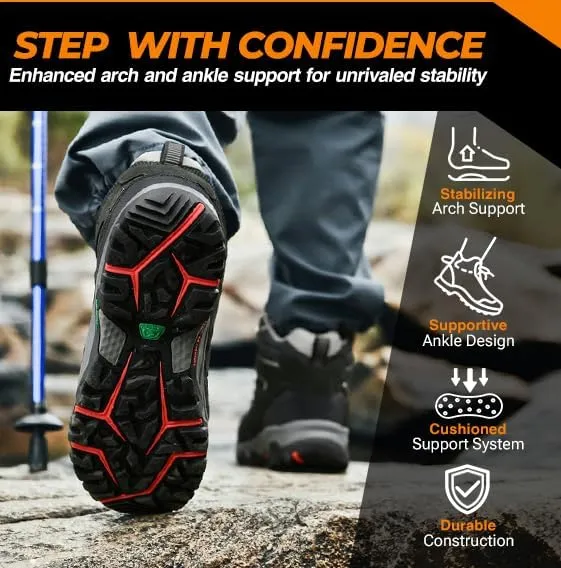ROCKMARK Men's Waterproof Hiking Boots Lightweight Anti-Slip Mid Ankle Trekking Shoes for Outdoor Backpacking, Mountaineering & Rugged Terrain