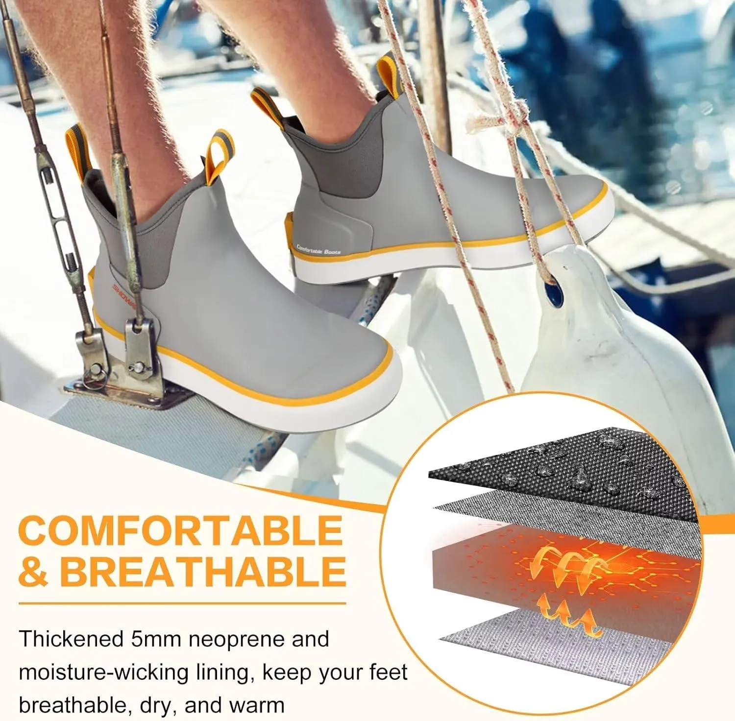 Showave Mens Deck Boots Waterproof Ankle Saltwater Rain Boot Fishing Rubber Boots Slip On Neoprene Boat Booties Work Sailing Boot For Men
