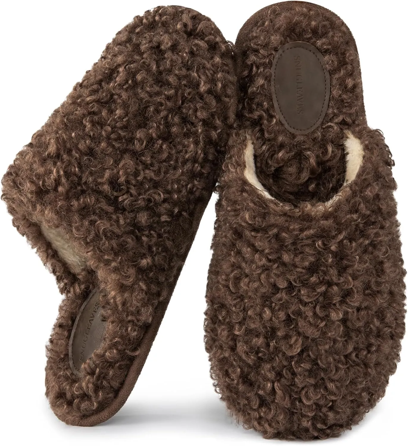 Snug Leaves Women's Scuff Slippers Furry Cute Curly Faux Wool Slip-on Indoor Memory Foam House Shoes