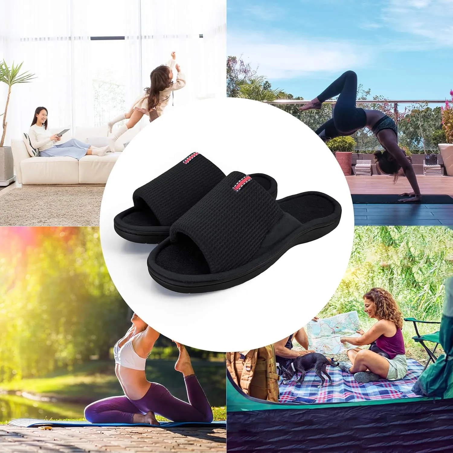 WALKFUN Lightweight House Slippers for Men Open Toe Soft Indoor Slip on Mens Slides Sandals with Memory Foam for Bedroom PatioAll Seasons