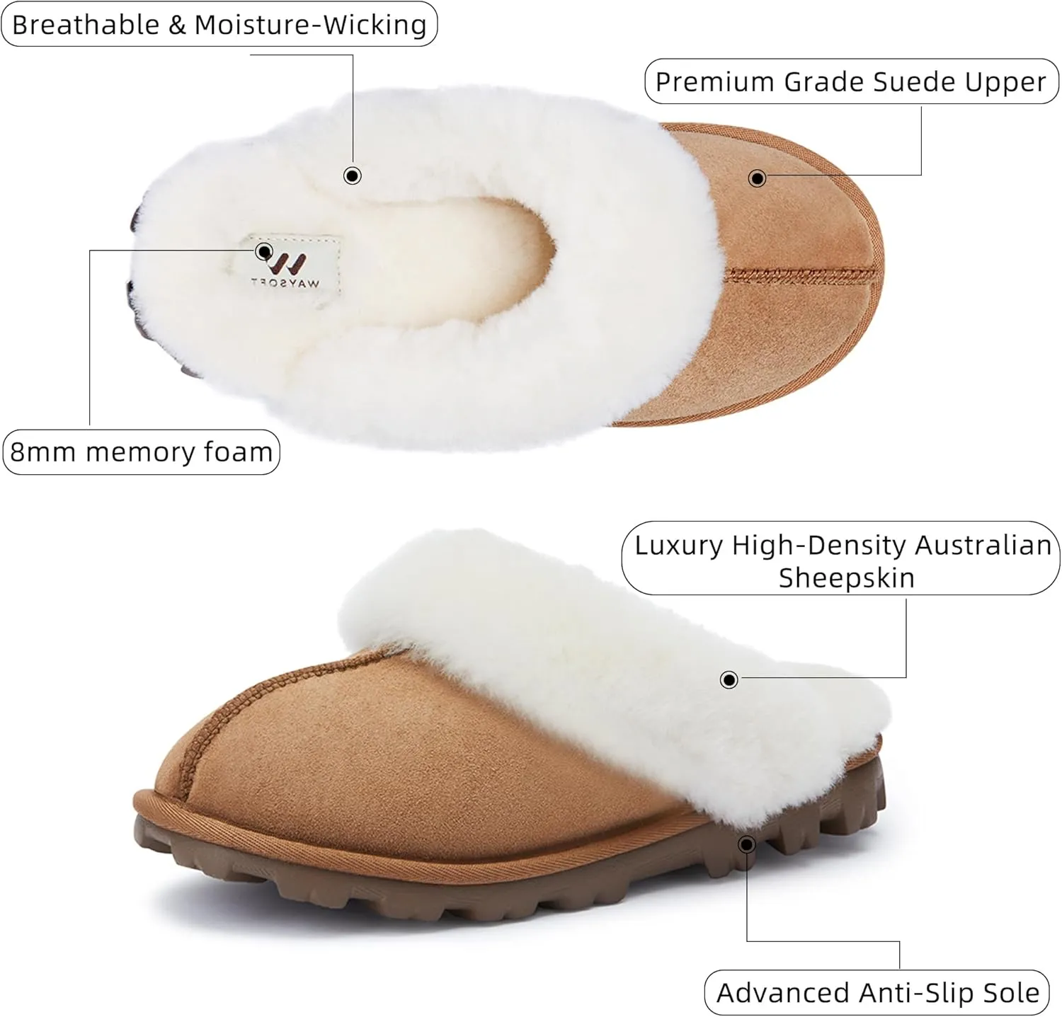 WaySoft Genuine Australian Sheepskin Women Slippers, 100% Shearling Hard Bottom Slippers for Women Indoor and Outdoor Warm Fuzzy Wool Slippers