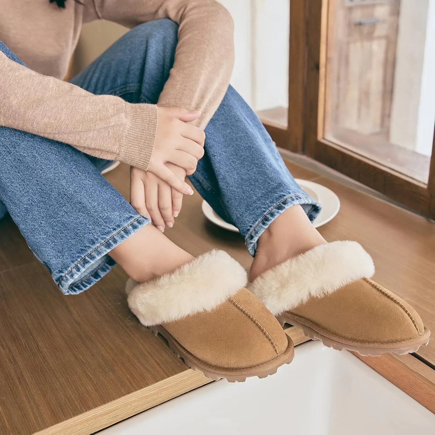 WaySoft Genuine Australian Sheepskin Women Slippers, 100% Shearling Hard Bottom Slippers for Women Indoor and Outdoor Warm Fuzzy Wool Slippers