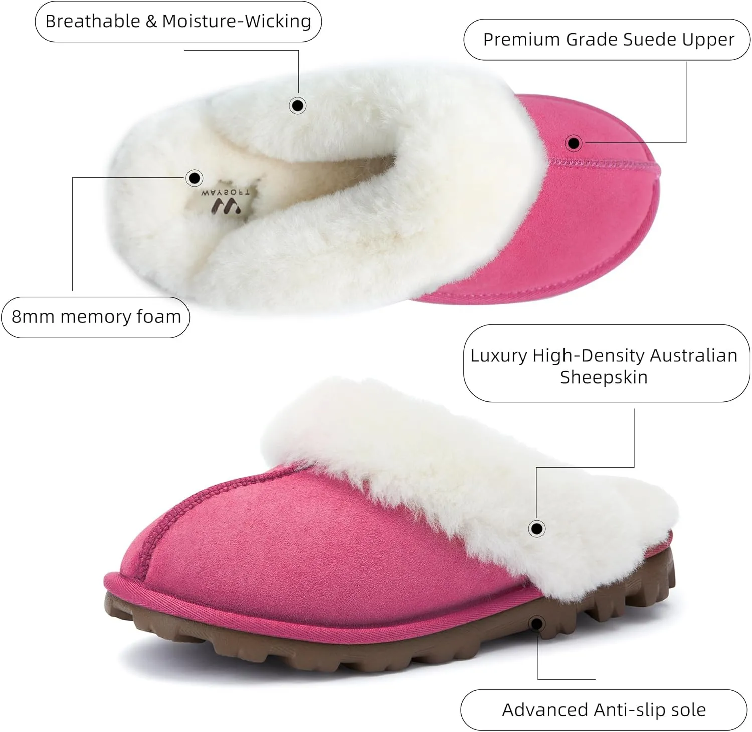 WaySoft Genuine Australian Sheepskin Women Slippers, 100% Shearling Hard Bottom Slippers for Women Indoor and Outdoor Warm Fuzzy Wool Slippers