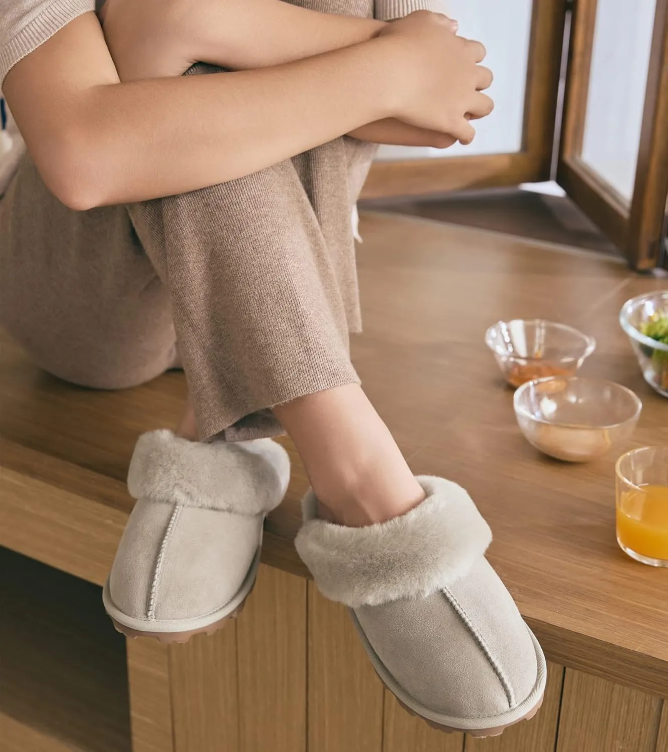WaySoft Genuine Australian Sheepskin Women Slippers, 100% Shearling Hard Bottom Slippers for Women Indoor and Outdoor Warm Fuzzy Wool Slippers
