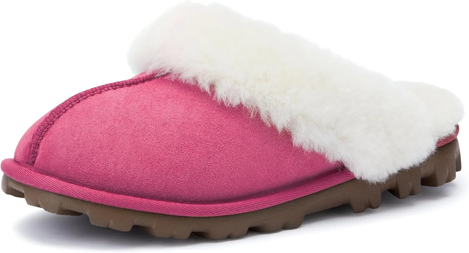WaySoft Genuine Australian Sheepskin Women Slippers, 100% Shearling Hard Bottom Slippers for Women Indoor and Outdoor Warm Fuzzy Wool Slippers