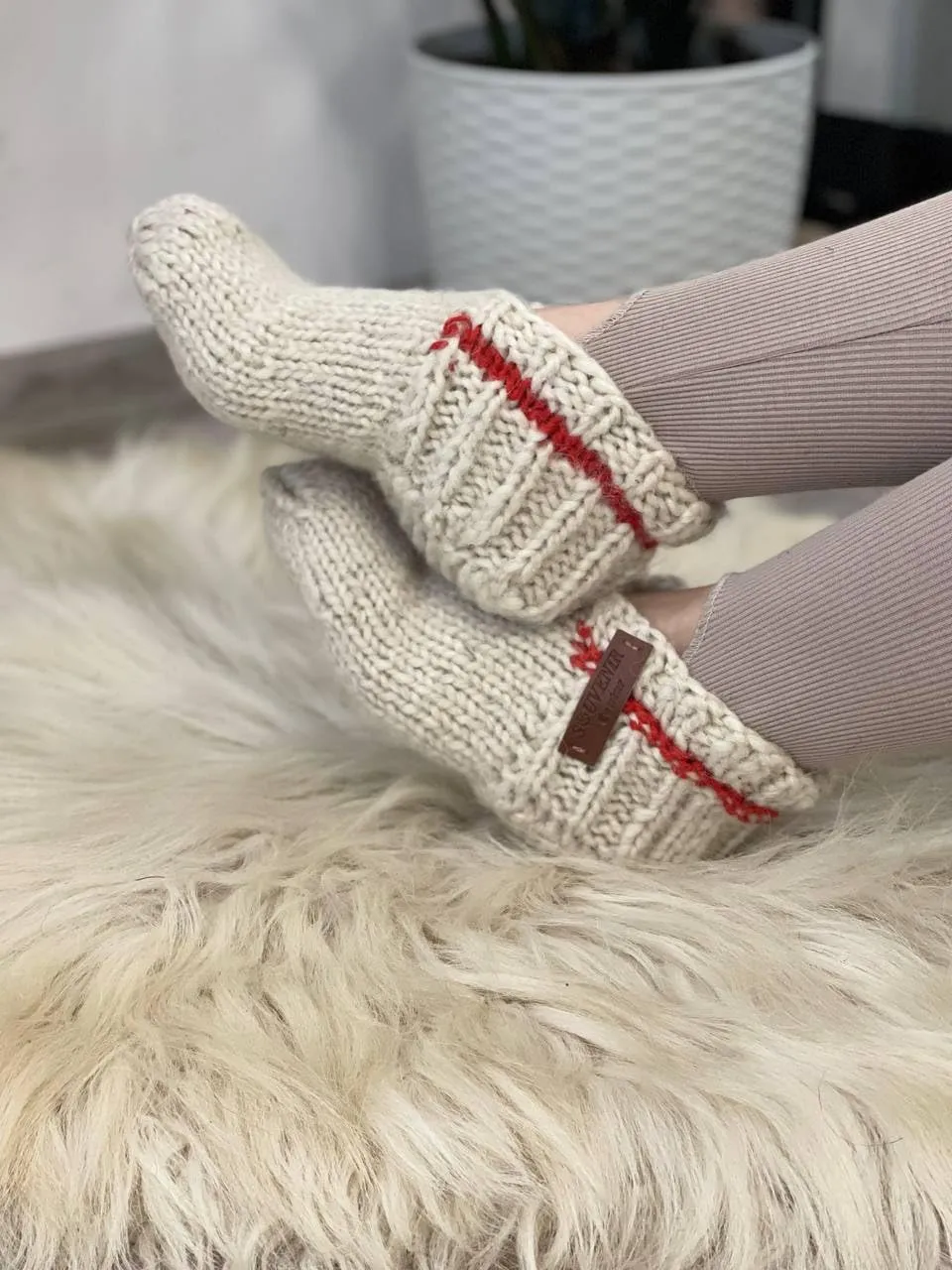 Wool Hand-Knitted Slippers | Eco-Friendly Organic Slippers | Warm White Room Slippers for Everyday Comfort | Handmade and Cozy (Womens 12-12.5)