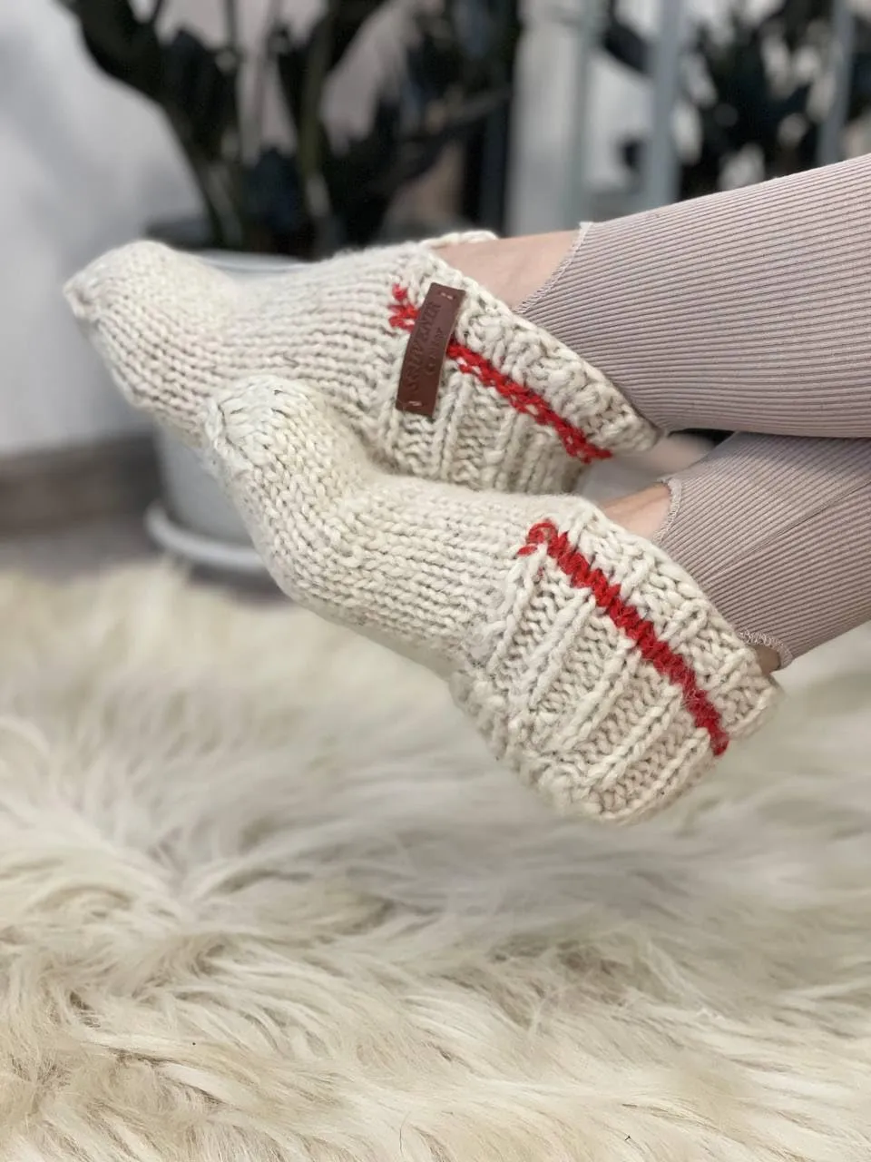 Wool Hand-Knitted Slippers | Eco-Friendly Organic Slippers | Warm White Room Slippers for Everyday Comfort | Handmade and Cozy (Womens 12-12.5)
