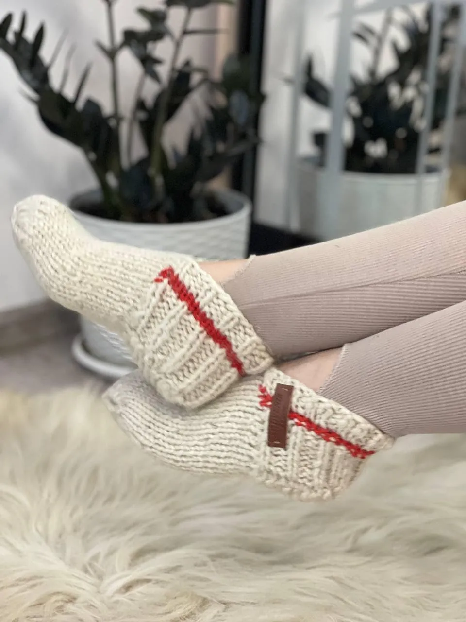 Wool Hand-Knitted Slippers | Eco-Friendly Organic Slippers | Warm White Room Slippers for Everyday Comfort | Handmade and Cozy (Womens 12-12.5)