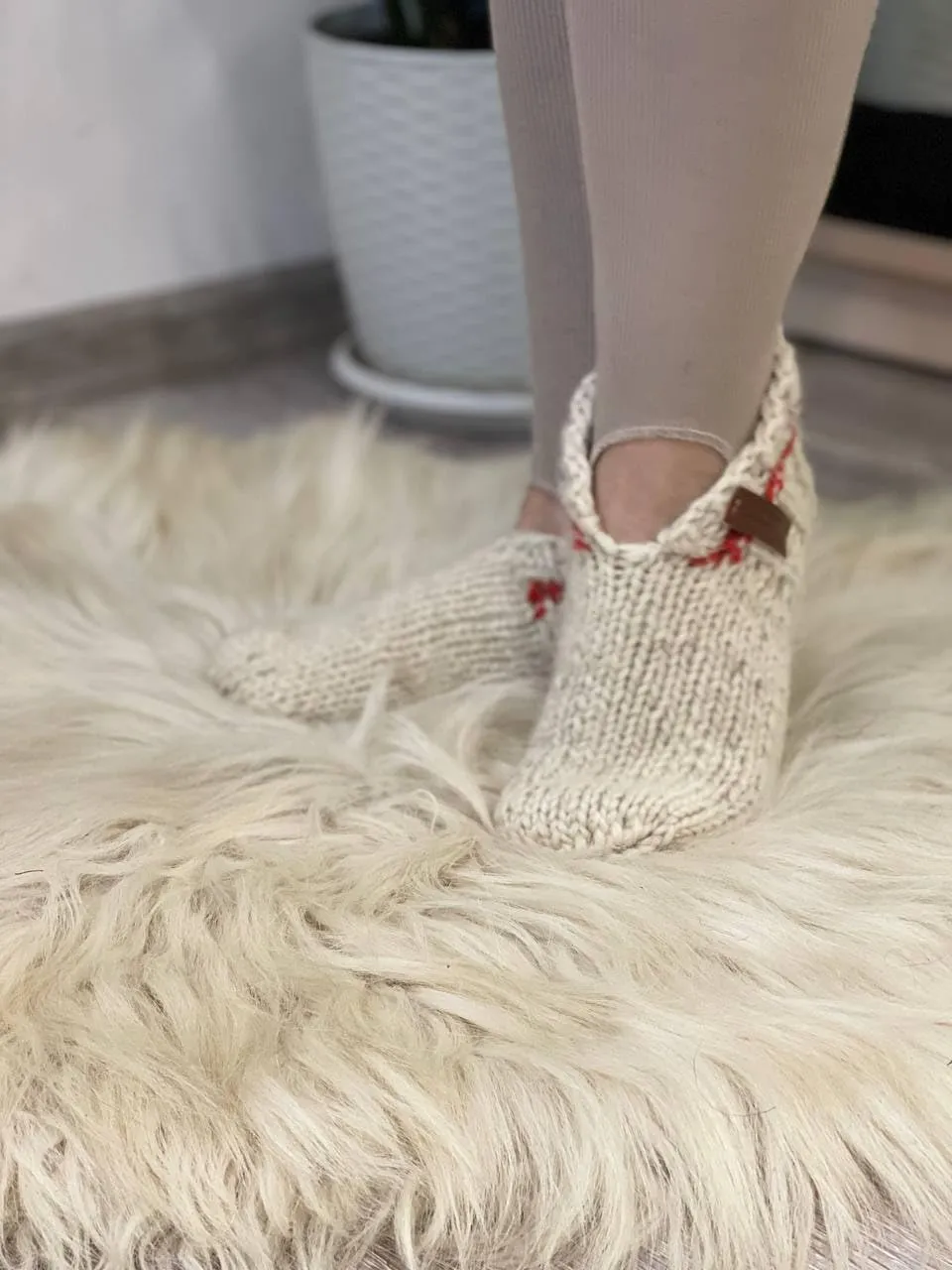 Wool Hand-Knitted Slippers | Eco-Friendly Organic Slippers | Warm White Room Slippers for Everyday Comfort | Handmade and Cozy (Womens 12-12.5)